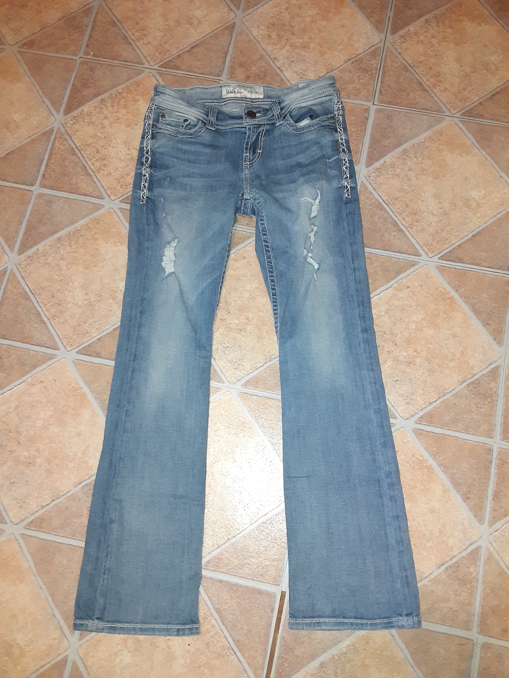 Buckle Light Blue Boot Cut Jeans with Faded Distress